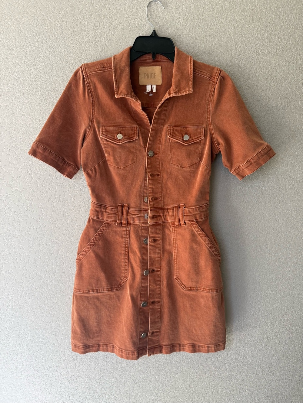PAIGE Mayslie Denim Mini Shirtdress Burnt Terracotta Size 4